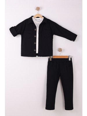 Erkek Çocuk Pamuklu Gömlek Tişört Pantolon 3'lü Alt Üst Takım
