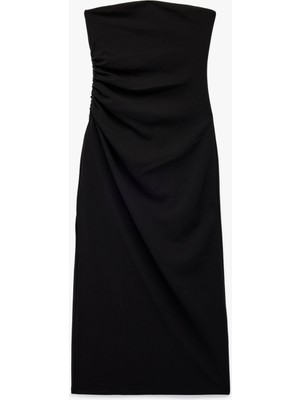 Krep Scuba Kumaş Slim Fit Drape Detaylı Straplez Kalem Elbise