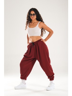 Cocopelli Kadın Fitilli Bordo Relax Fit Pileli Jogger Pantolon COC1125