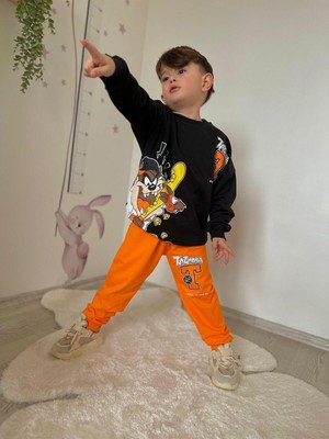 Tazmanya Canavarı Siyah Turuncu Pantolonlu Eşofman Takım