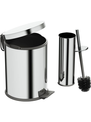 Aqua Bagno Basic Set - Klozet Fırçası + Çöp Kovası 5 L, 2 Parça, Parlak Krom Paslanmaz
