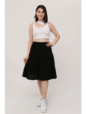 Belmando Viskon Kumaş Midi Boy Siyah Şort Etek