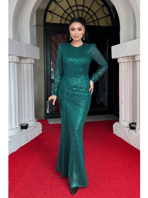 Pul Payet Kumaş Büzgü Detaylı Abiye Elbise - Zümrüt Yeşil