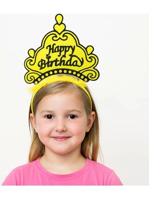 Sarı Happy Birthday Prenses Tacı - Doğum Günü Taç Aksesuarı