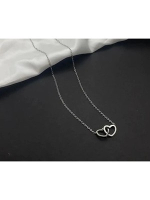 Çelik Kararmaz Ikili Kalp Gümüş Kolye