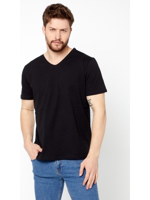 Comeor Erkek Siyah Slim Fit Pamuklu Kısa Kollu V Yaka T-Shirt