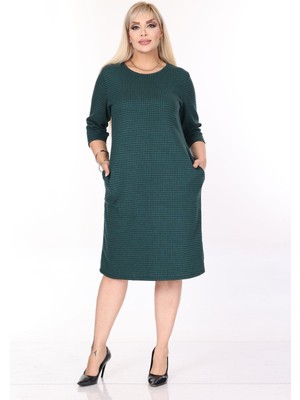 Çift Cepli Desenli Esnek Kışlık Büyük Beden Midi Elbise 45B-2700