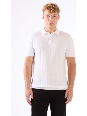 Dufy Erkek Slim Fit Polo Yaka Beyaz Triko