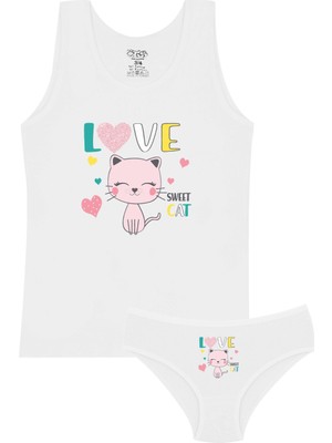 Öts Kız Çocuk Atlet Külot Likralı Beyaz Kedi (%96 Pamuk - %4 Elastan)