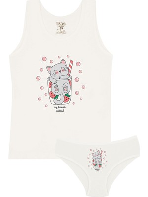 Öts Kız Çocuk Atlet Külot Likralı Ekru Kedi (%96 Pamuk - %4 Elastan)