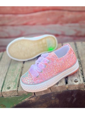 Surpie shoes Kız Çocuk Dantelli Ayakkabı 21-30 Numara Işıklı Oval Taban Düz Topuklu