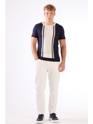 Lacivert Bisiklet Yaka Çift Renk Slim Fit Triko Tshirt