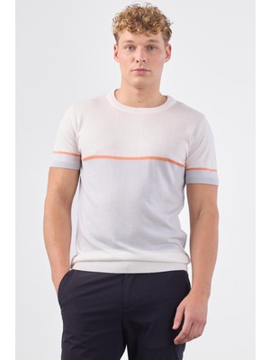 Ekru Bisiklet Yaka Çift Renk Slim Fit Triko Tshirt