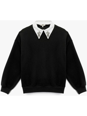 Üç Iplik Uzun Kollu Taş Detaylı Gömlek Yaka Sweatshirt