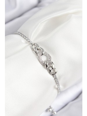 Pirinç Zirkon Taşlı Zincir Model Gümüş Renk Asansörlü Kadın Bileklik