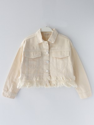 Püskül Detaylı Kız Çocuk Kısa Denim Crop Kot Ceket Ekru 001-0002113