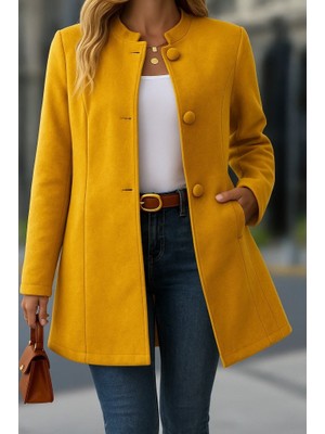 Ezel Glory Kadın Uzun Kollu Hakim Yakalı Önden Düğmeli Cep Detaylı Kısa Kaşe Kaban