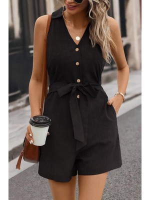 Ezel Glory Kadın Sıfır Kollu Yakalı Düğmeli Belden Kuşaklı Kısa Keten Tulum