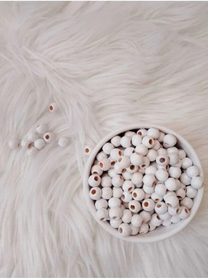 10 mm Beyaz Ahşap Boncuk 50 gr  3 mm Makrome Delik Genişliği