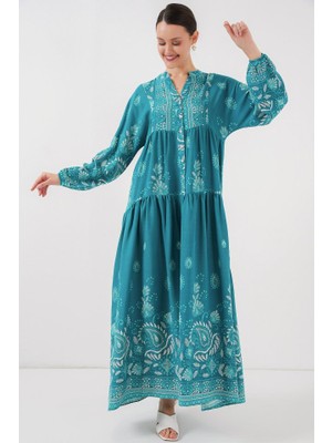Ezel Glory 2423 Otantik Desenli Tesettür Elbise - B.turkuaz