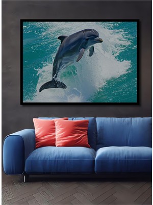 Çerçeve Görünümlü Sulu Boya Görünümlü Yunus Balığı Neşesi Dekoratif Ahşap Ev/işyeri/ofis Kare Tablo