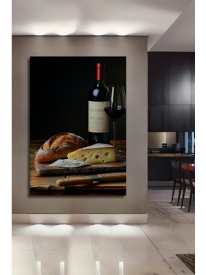 Şarap Peynir Ekmek Üçlüsü Yağlı Boya Görünümlü Dekoratif Ahşap Ev/işyeri/ofis Kare Tablo