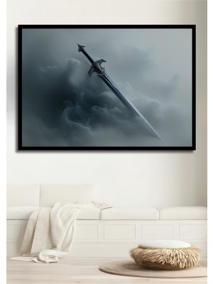 Çerçeve Görünümlü Sisler Içindeki Kılıç Yağlı Boya Görünümlü Dekoratif Ahşap Işyeri/ofis Kare Tablo
