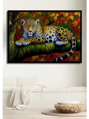 Çerçeve Görünümlü Yağlı Boya Görünümlü Ağaç Dalında Leopar Dekoratif Ahşap Işyeri/ofis Kare Tablo