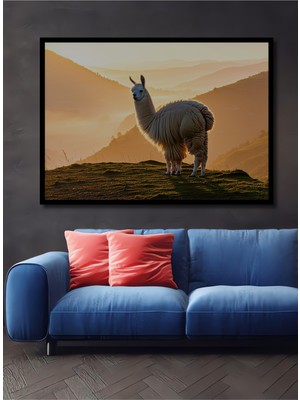 Çerçeve Görünümlü Gün Batımı Altın Llama Manzarası Yağlı Boya Görünümlü Ahşap Ofis Kare Tablo