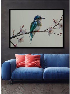 Çerçeve Görünümlü Bahar Dalları Üzerinde Turkuaz Kuş Sulu Boya Görünümlü Ahşap Ofis Kare Tablo