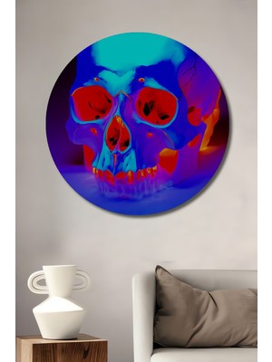 Neon Işıklar Altında Kafatası Yağlı Boya Görünümlü Dekoratif Ahşap Ev/işyeri/ofis Yuvarlak Tablo