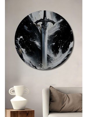 Epik Kılıç Yağlı Boya Görünümlü Dekoratif Ahşap Ev/işyeri/ofis Yuvarlak Tablo