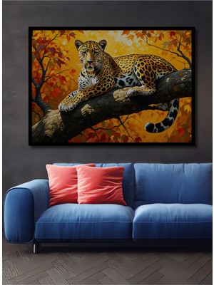 Çerçeve Görünümlü Ağaç Dalında Yağlı Boya Görünümlü Jaguar Işyeri/ofis Dekoratif Ahşap Kare Tablo