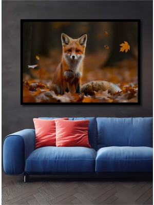 Çerçeve Görünümlü Sonbahar Ormanında Yağlı Boya Görünümlü Tilki Portresi Salon Ahşap Tablo