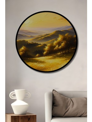 Çerçeve Görünümlü Altın Işıklar Yağlı Boya Görünümlü Doğa Manzarası Ahşap Ofis Yuvarlak Tablo