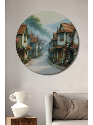 Çiçek Bahçeli Evler Yağlı Boya Görünümlü Dekoratif Ahşap Ev/işyeri/ofis Yuvarlak Tablo