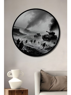 Çerçeve Görünümlü Savaşın Kara Kalem Görünümlü Destansı Anı Dekoratif Ahşap Ofis Yuvarlak Tablo