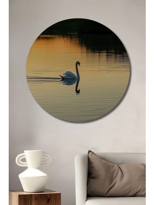 Altın Işıkta Kuğu Gölü Yağlı Boya Görünümlü Dekoratif Ahşap Ev/işyeri/ofis Yuvarlak Tablo
