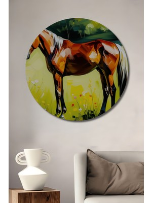 Yağlı Boya Görünümlü At Çiçek Bahçesi Ev/işyeri/ofis Dekoratif Ahşap Yuvarlak Tablo