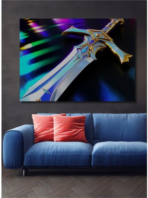 Göz Alıcı Mavi Altın Kılıç Yağlı Boya Görünümlü Dekoratif Ahşap Ev/işyeri/ofis Kare Tablo