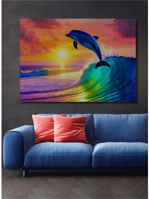 Gün Batımında Dans Eden Yunus Yağlı Boya Görünümlü Dekoratif Ahşap Ev/işyeri/ofis Kare Tablo