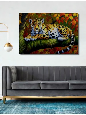 Yağlı Boya Görünümlü Ağaç Dalında Leopar Dekoratif Ahşap Ev/işyeri/ofis Kare Tablo