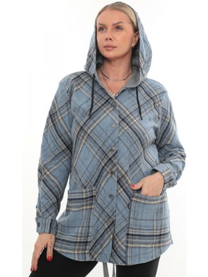 Büyük Beden Rahat Kalıp Kapüşonlu Oduncu Kadın Gömlek Hırka