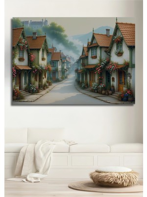 Çiçek Bahçeli Evler Yağlı Boya Görünümlü Dekoratif Ahşap Ev/işyeri/ofis Kare Tablo