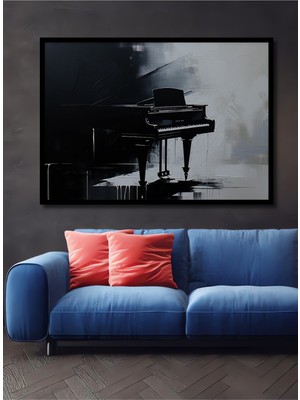 Çerçeve Görünümlü Siyah Beyaz Piyano Yağlı Boya Görünümlü Modern Sanat Ofis Ahşap Kare Tablo