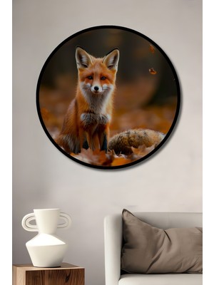 Çerçeve Görünümlü Sonbahar Ormanında Yağlı Boya Görünümlü Tilki Portresi Salon Ahşap Tablo