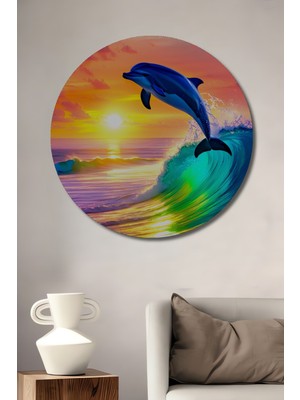 Gün Batımında Dans Eden Yunus Yağlı Boya Görünümlü Dekoratif Ahşap Ev/işyeri/ofis Yuvarlak Tablo