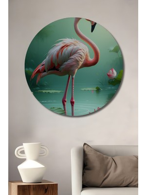 Flamingo Rüyası Yağlı Boya Görünümlü Dekoratif Ahşap Ev/işyeri/ofis Yuvarlak Tablo