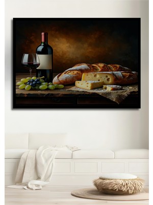 Çerçeve Görünümlü Şarap Peynir Ekmek Üçlemesi Yağlı Boya Görünümlü Dekoratif Ahşap Ofis Kare Tablo