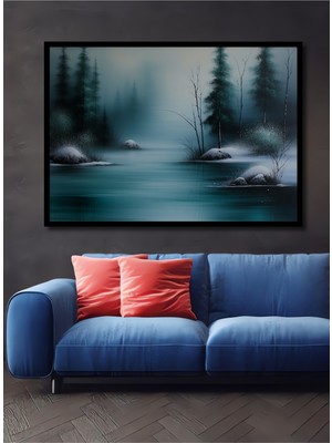 Çerçeve Görünümlü Buz Mavisi Orman Yağlı Boya Görünümlü Dekoratif Ahşap Ev/işyeri/ofis Kare Tablo